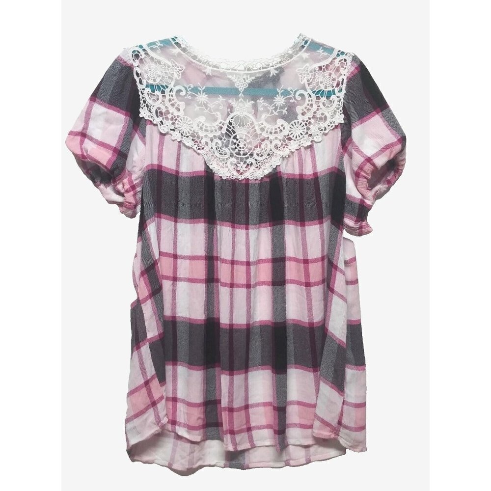 TORRID Pink Plaid Blouse Top Women’s Sz 2, 2X Floral Crochet Lace balloon sleeve